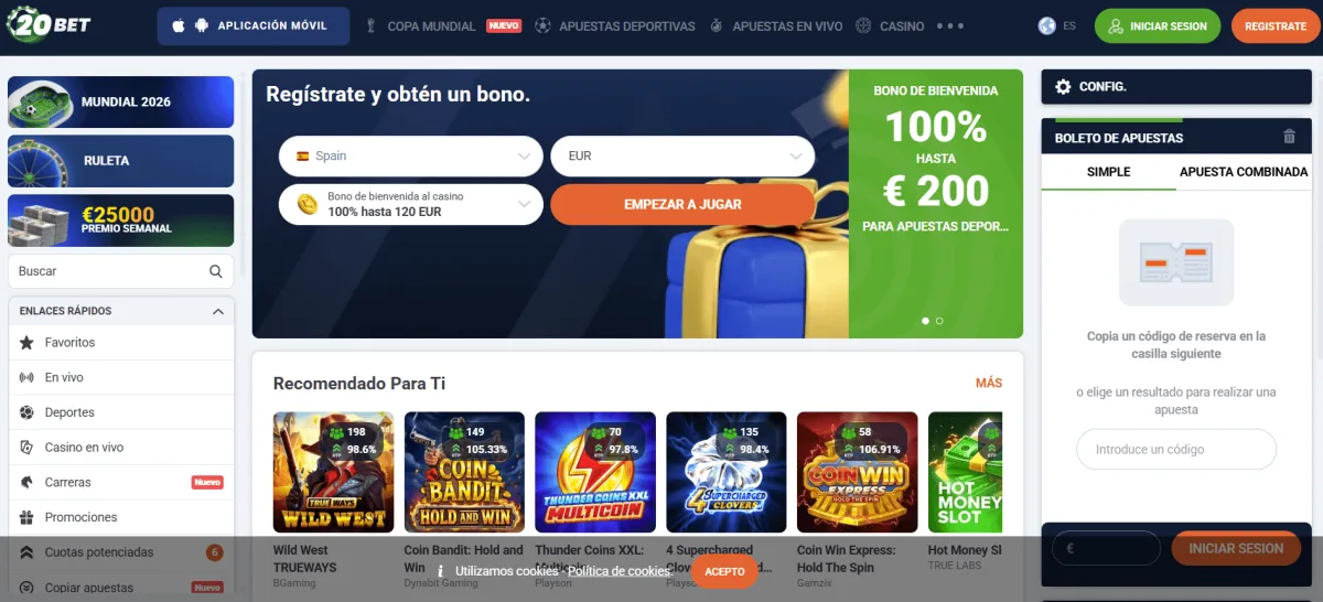 20Bet homepage casino con bono