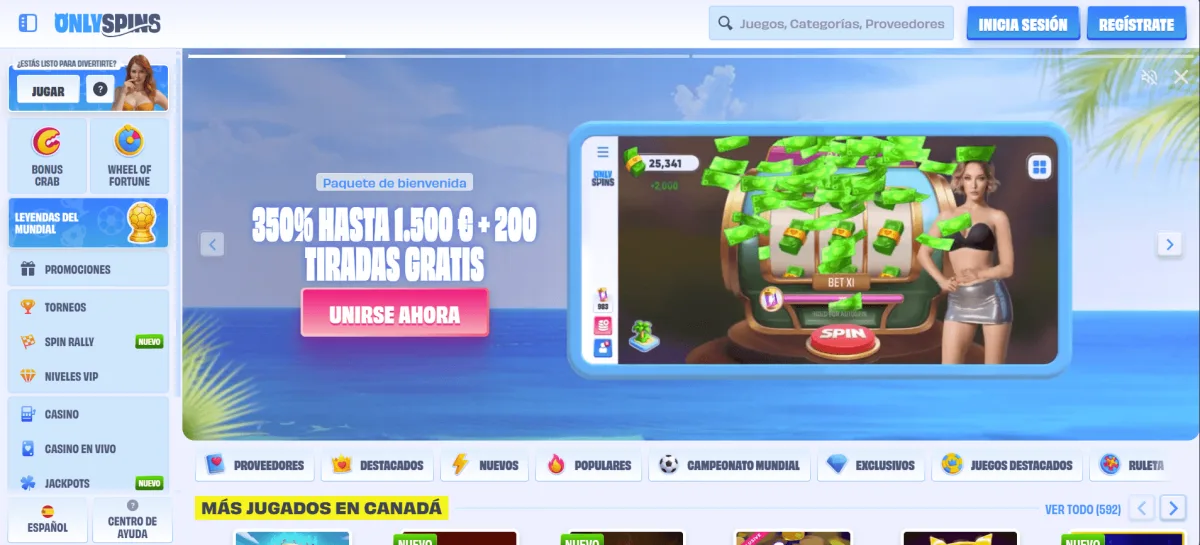 OnlySpins homepage casino con bono